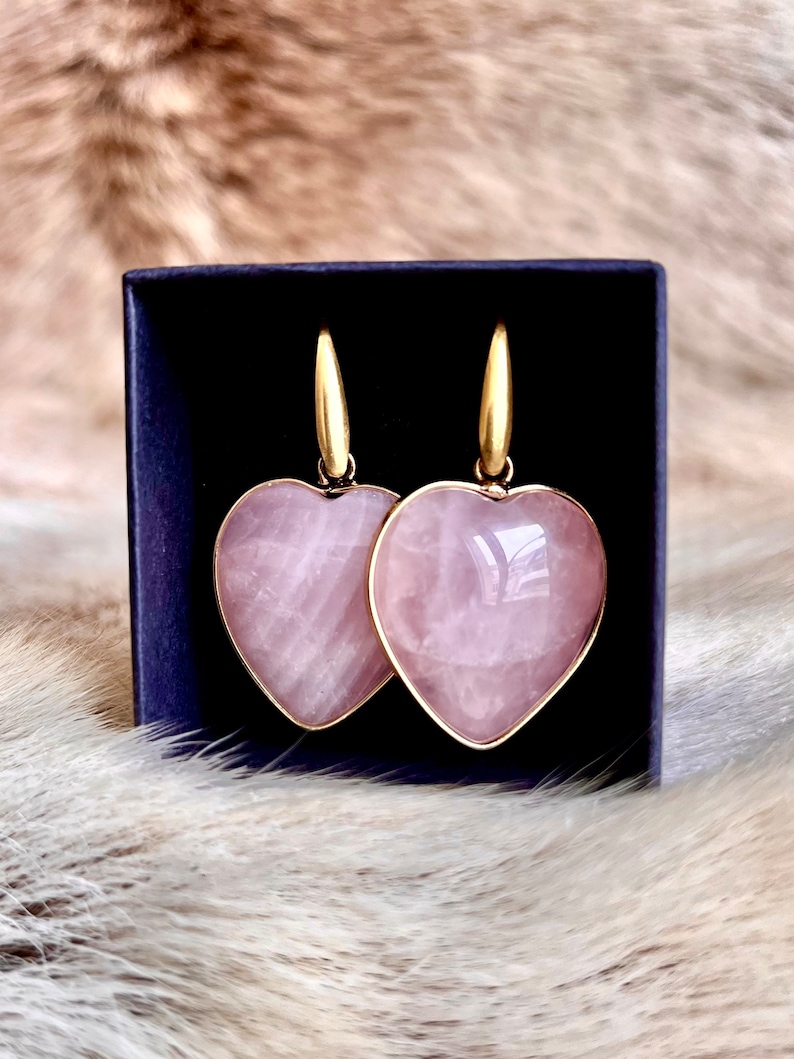 Golden heart earrings in rose quartz rose quartz earrings stone earrings image 1