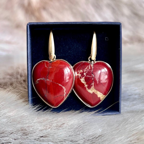 Golden heart earrings in red jasper - jasper earrings - stone earrings