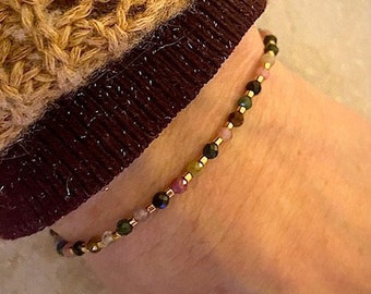 Pulsera elástica en piedra natural Turmalina y cuentas Miyuki