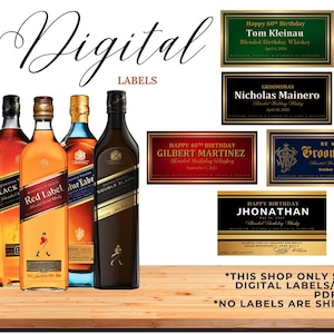 Op de afbeelding: Digitale, afdrukbare etiketten voor whiskyflessen. De etiketten hebben verschillende verjaardagsthema's met namen en data. De etiketten zijn in goud, rood, blauw en groen. De tekst op de etiketten luidt "Happy 60th Birthday Tom Kleinau Blended Birthday Whiskey", "Groomsman Nicholas Mainero", "Happy 40th Birthday Gilbert Martinez", "Be My Groomsman", "Happy Birthday Jhonathan".
