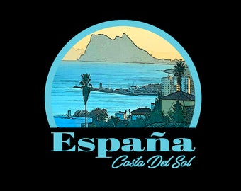 May include: A blue and white illustration of a coastal scene with a mountain in the background. The text "España Costa Del Sol" is below the image.