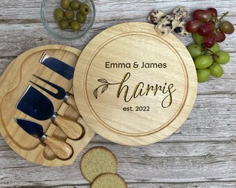 Personalized Hevea Wood Cheese Board Set, Engraved Wedding Gift