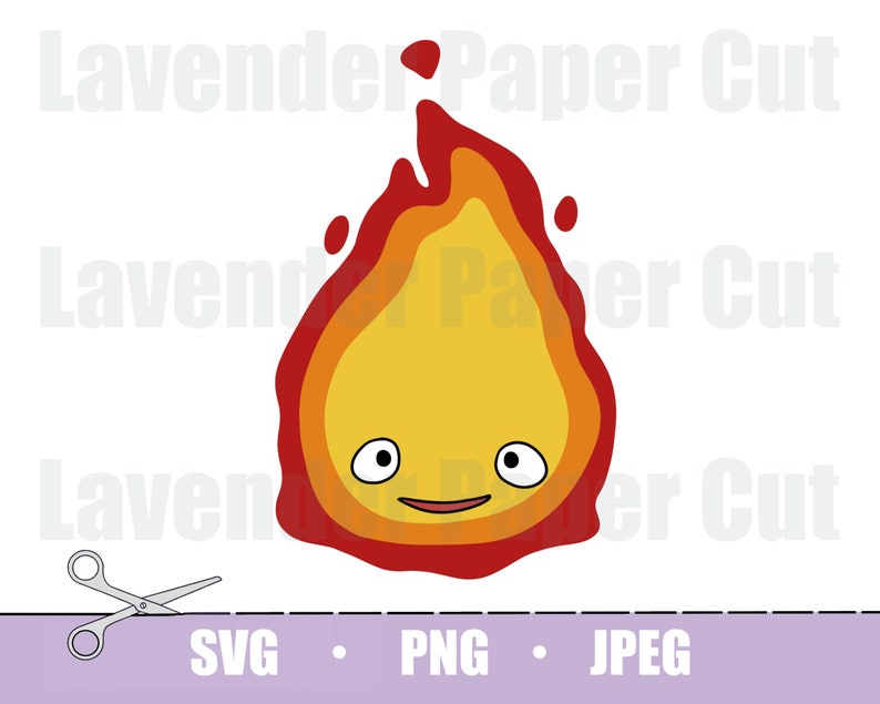a flame with layers of red, orange, and yellow. There are white eyes and a red smile making up the face. the bottom shows that it is a SVG, PNG, JPEG file