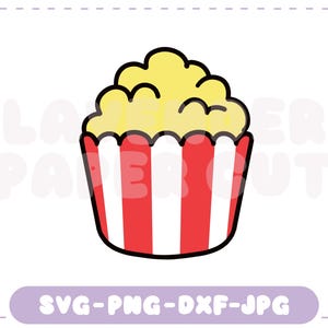 Puede incluir: Ilustración de dibujos animados de un recipiente de palomitas de maíz lleno de palomitas amarillas. El recipiente es de rayas rojas y blancas. La imagen incluye el texto "SVG-PNG-DXF-JPG" en un rectángulo redondeado púrpura.