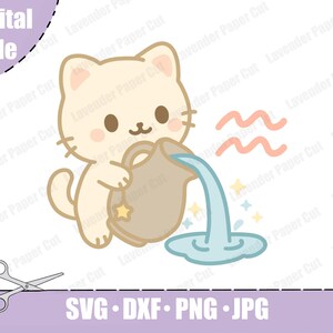 Kawaii Aquarius Cat SVG, Zodiac Clipart PNG, Nursery Decor Design, Cute Astrology Art, Horoscope Baby Room Illustration