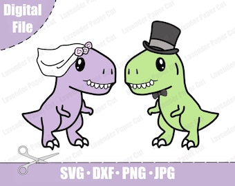 T-Rex Wedding Couple SVG & PNG, Dinosaur Cake Topper Cut File