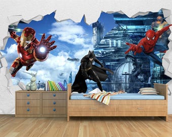 Superhero Wall Mural, Comic Style Wallpaper for Kids Bedroom or Playroom