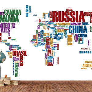 Colorful Typography World Map Wallpaper, Educational Wall Decor for Office, Classroom, Study Room