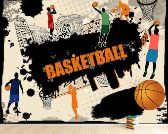 Basketball Graffiti Wallpaper Mural, Urban Sport Wall Decor, for Kids Room, Game Room, Gym