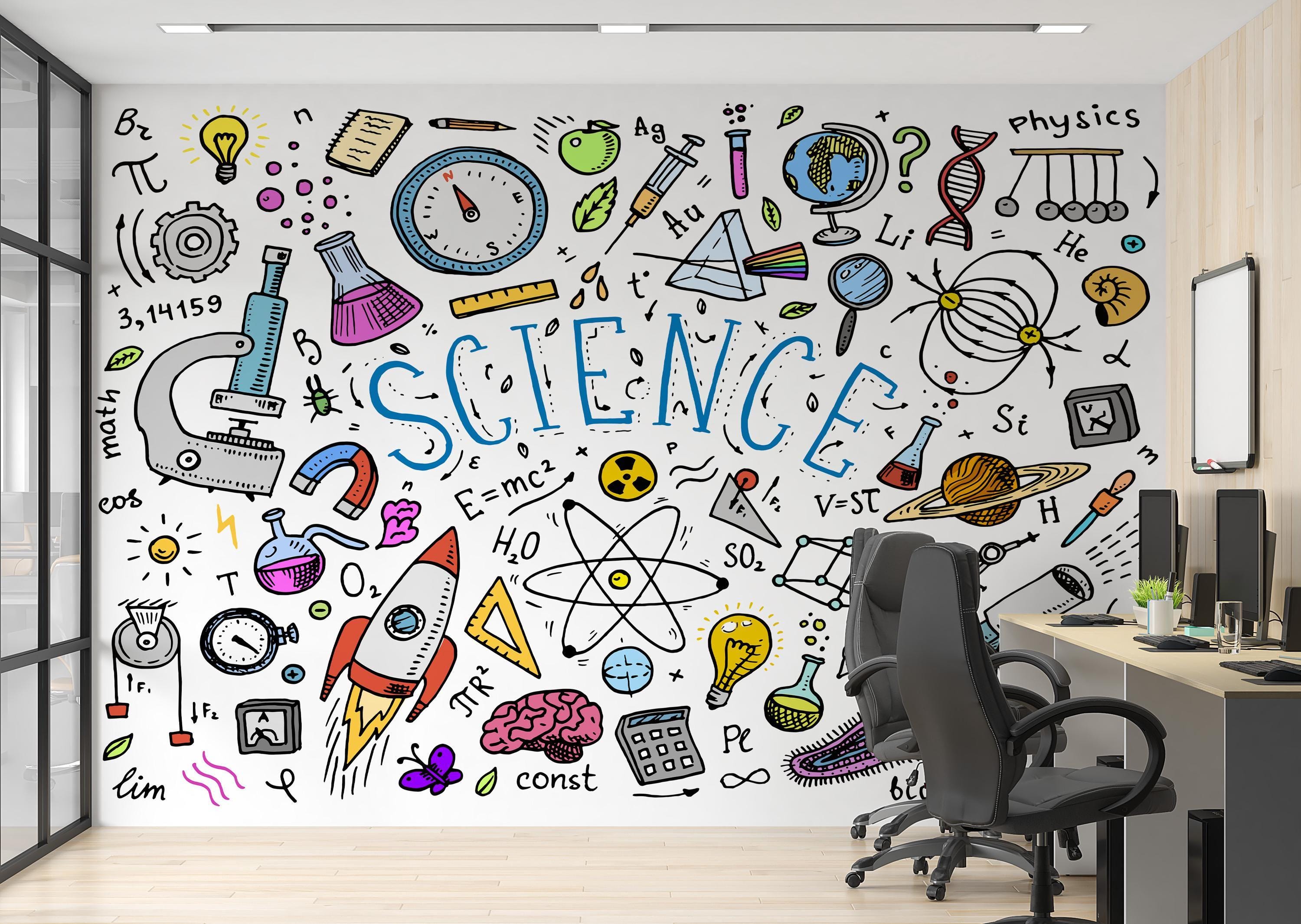 絵画 scieice room Science Figures Wallpaper Mural, Science Terms Illustration Poster