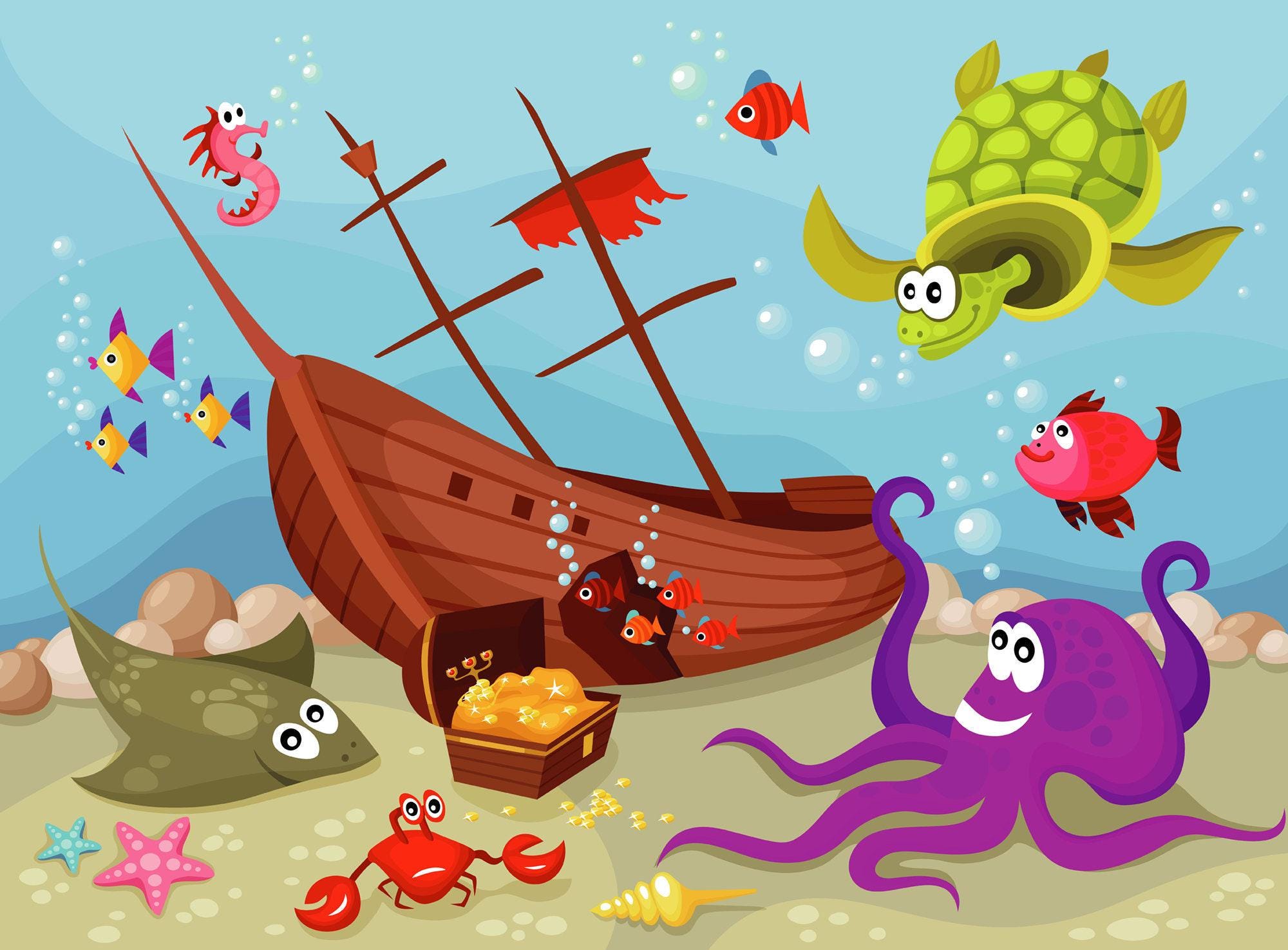 Underwater Shipwreck Kids Wallpaper Mural, Cartoon Sea Animals Poster ...