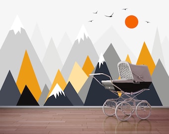 Minimalist Mountain Landscape Wallpaper Mural for Kids Room, Nursery or Playroom