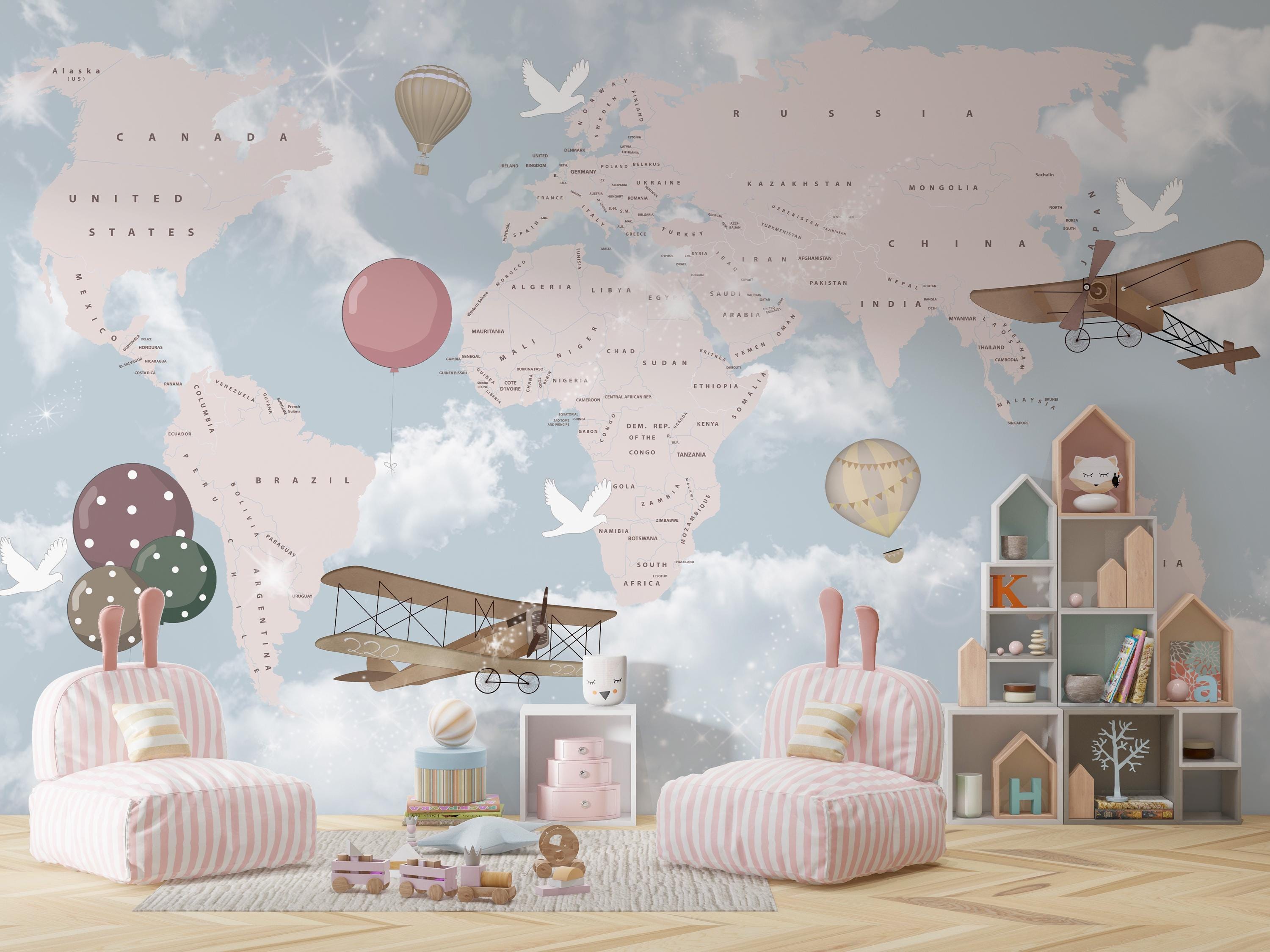 Kids Room World Map Wallpaper Mural, Airplane Balloon Decor for Baby ...