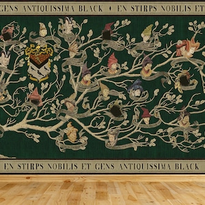 Murale di carta da parati nera con albero genealogico / Murale del mondo dei maghi / Carta da parati dei maghi / Poster di Magic Street / Poster dell'albero genealogico / Decorazione artistica da parete