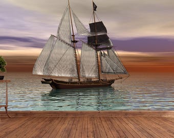 Mural de papel tapiz de barco de vela con atardecer en el océano, paisaje marino, decoración de pared para sala de estar, dormitorio y oficina.