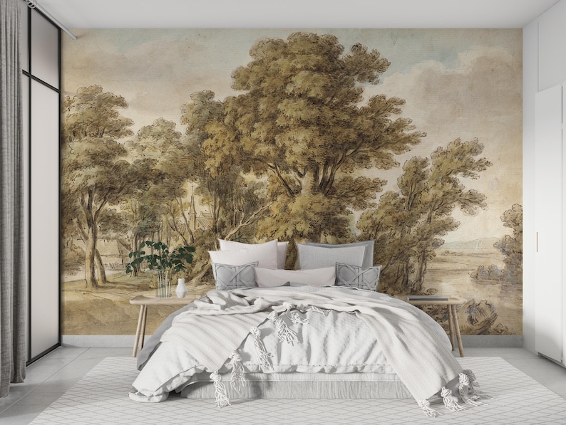 Vintage Landscape Wallpaper Mural, Classic Pastoral Scenic Wall Decor ...