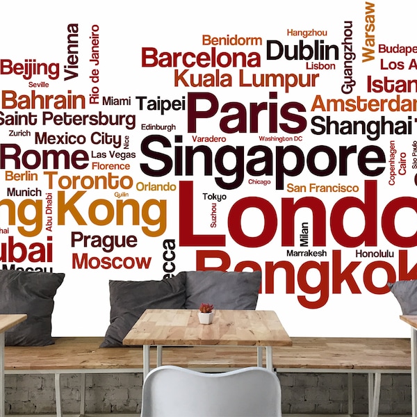 Typography Of The World Cities Wallpaper Mural / Typografie Van De Wereldsteden Fotobehang / Typografie der Weltstädte Wandbild Fototapete