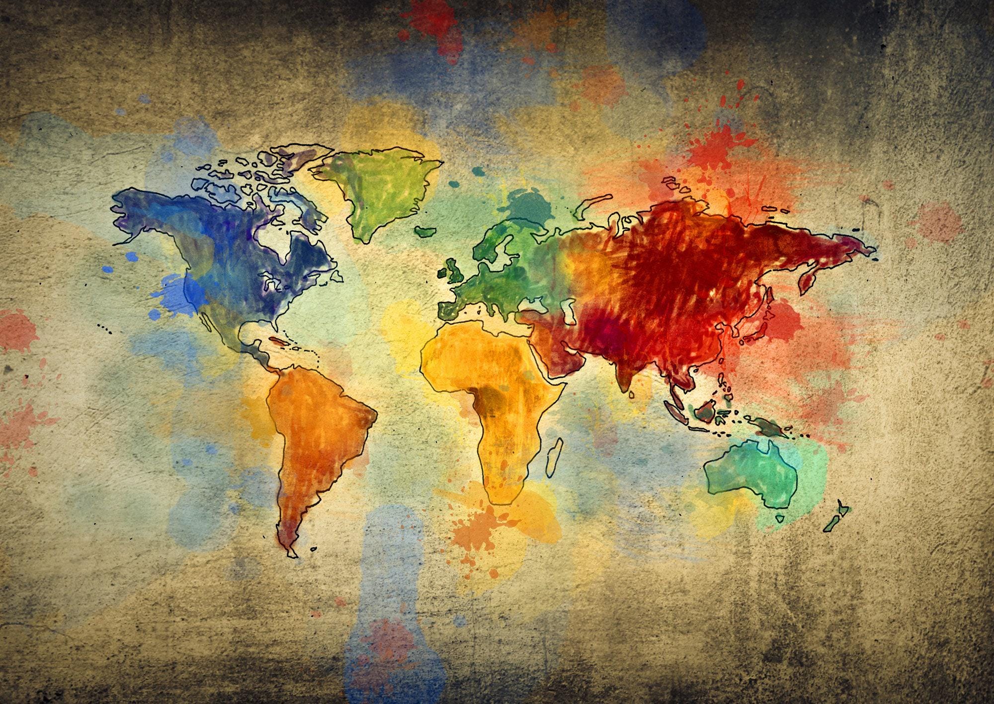 Colorful Watercolor World Map Wallpaper Mural Artistic Wall Decor for ...