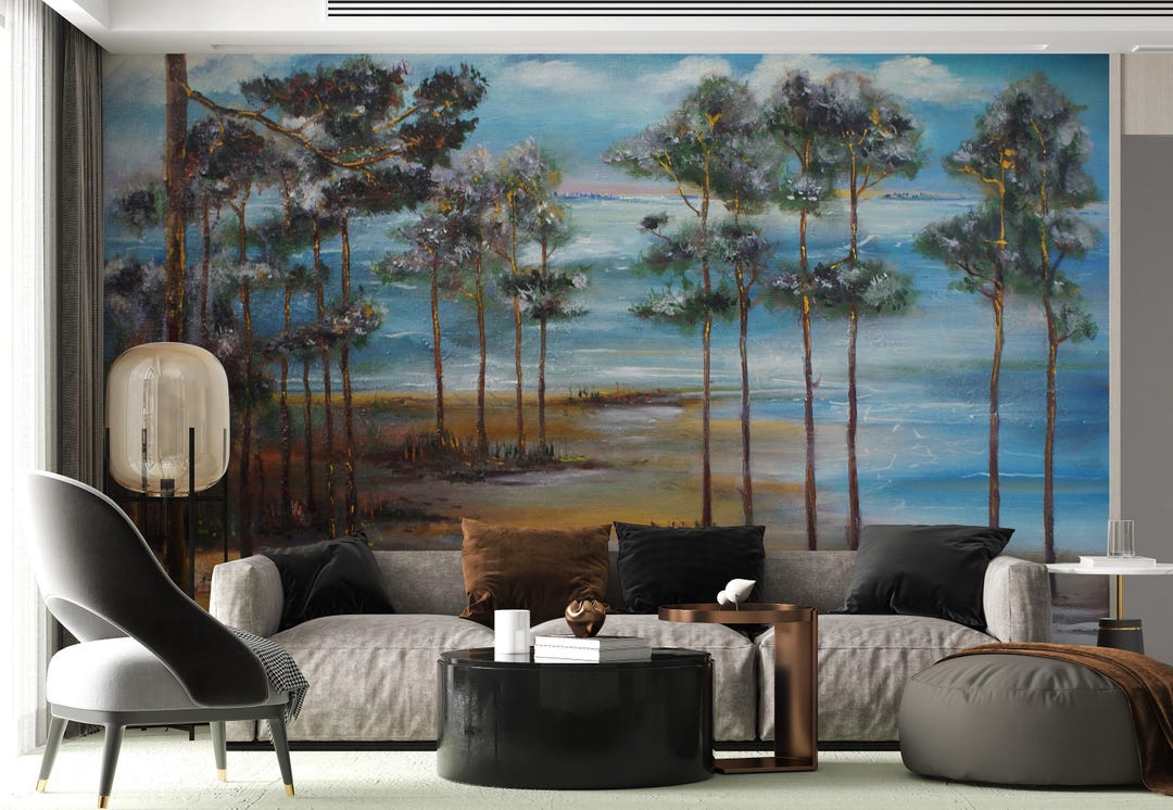 Lakeside Pine Forest Wallpaper Mural, Scenic Nature Wall Decor for ...