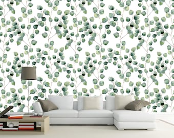 Eucalyptus Leaves Wallpaper Mural, Watercolor Botanical Wall Decor, for Living Room, Bedroom, Office