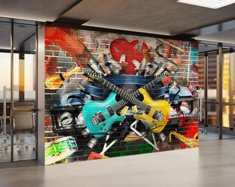 グラフィティ風アート作品 音楽テーマ 音楽グラフィティ壁画エレキギターストリートアート壁紙レンガポスター