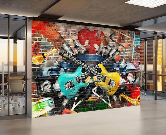 グラフィティ風アート作品 音楽テーマ 音楽グラフィティ壁画エレキギターストリートアート壁紙レンガポスター