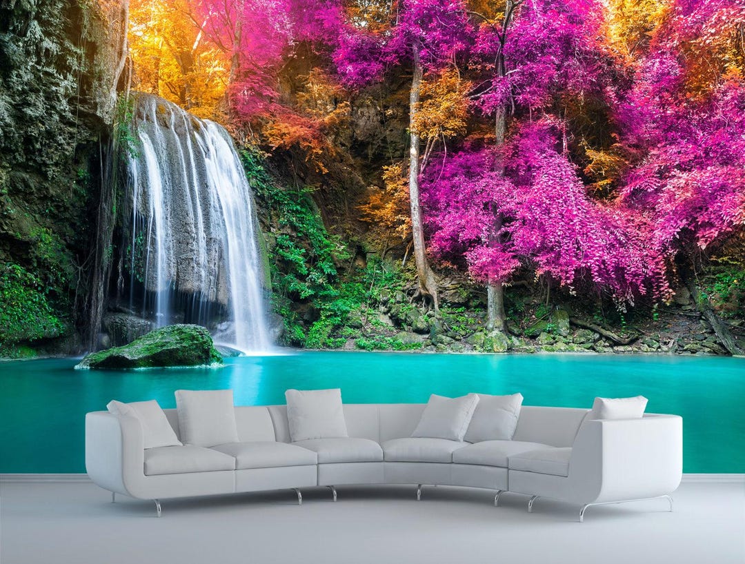 Quadro Su Tela Grande Thai Cascata Colorata - 113x52 Cm, Pronto Da Appendere