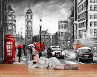 London City Wallpaper Mural, Vintage Street Painting Wall Decor, for Living Room, Office, Cafe