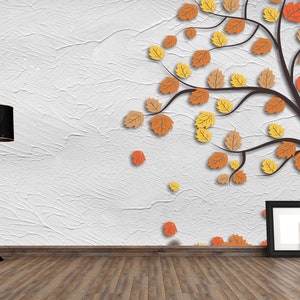 Autumn Art Wallpaper Mural / Tree Painting Wallpaper / Tree On Concrete Wall Poster / Wall Art Mural / Special Design Wallpaper