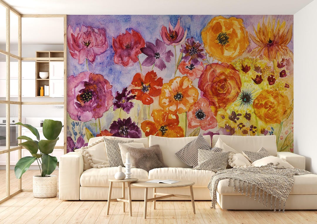 Watercolor Floral Wallpaper, Colorful Flower Vintage Wall Mural for ...