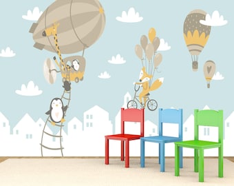Balloon Adventure Kids Wallpaper Mural Cartoon Animal Wall Decor for Kids Room, Nursery, Playroom