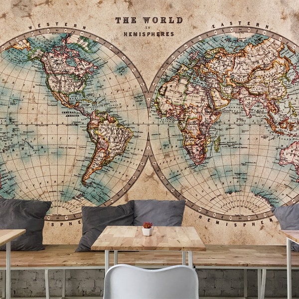 Vintage Hemisphere World Map Wallpaper / Vintage Halfrond Wereldkaart Behang / Vintage Hemisphäre Weltkarte Tapete / Carte Du Monde / Poster