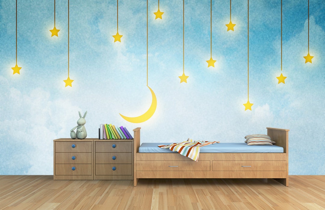 Kids Room Sky Wallpaper Mural / Baby Room Moon and Stars Wallpaper ...
