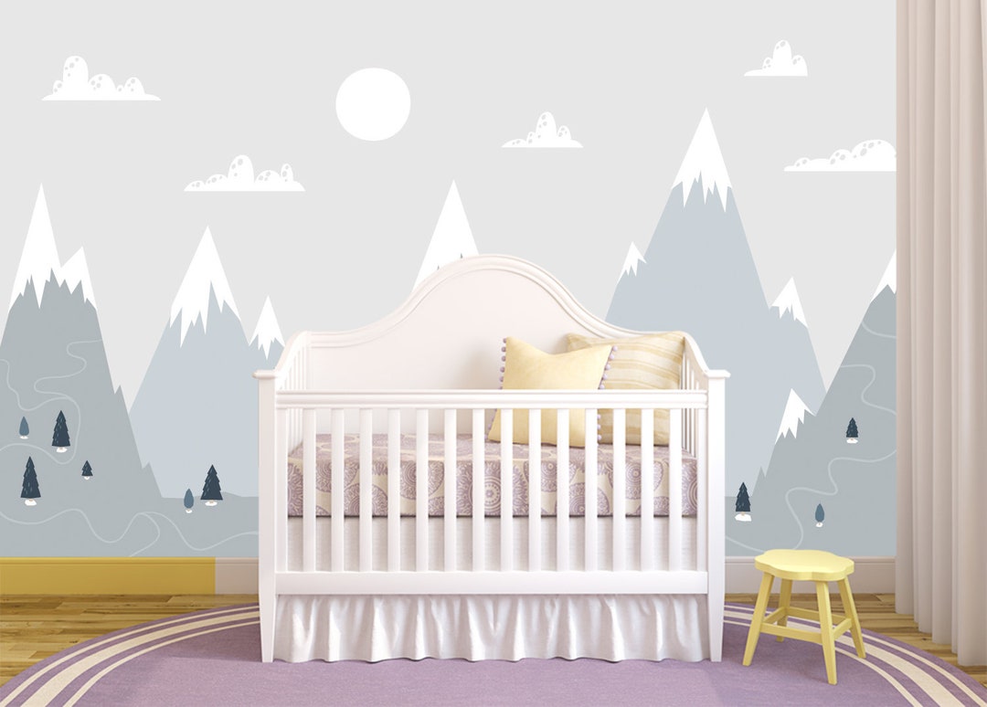 Kids Room Snow and Mountain Wallpaper Mural / Baby Room Snow Wallpaper