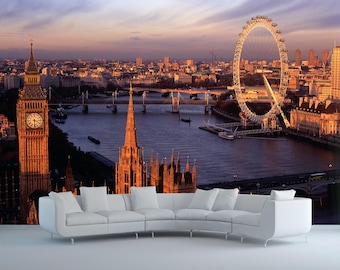 London Skyline Wallpaper Mural, Big Ben Cityscape Poster Style, for Living Room, Office