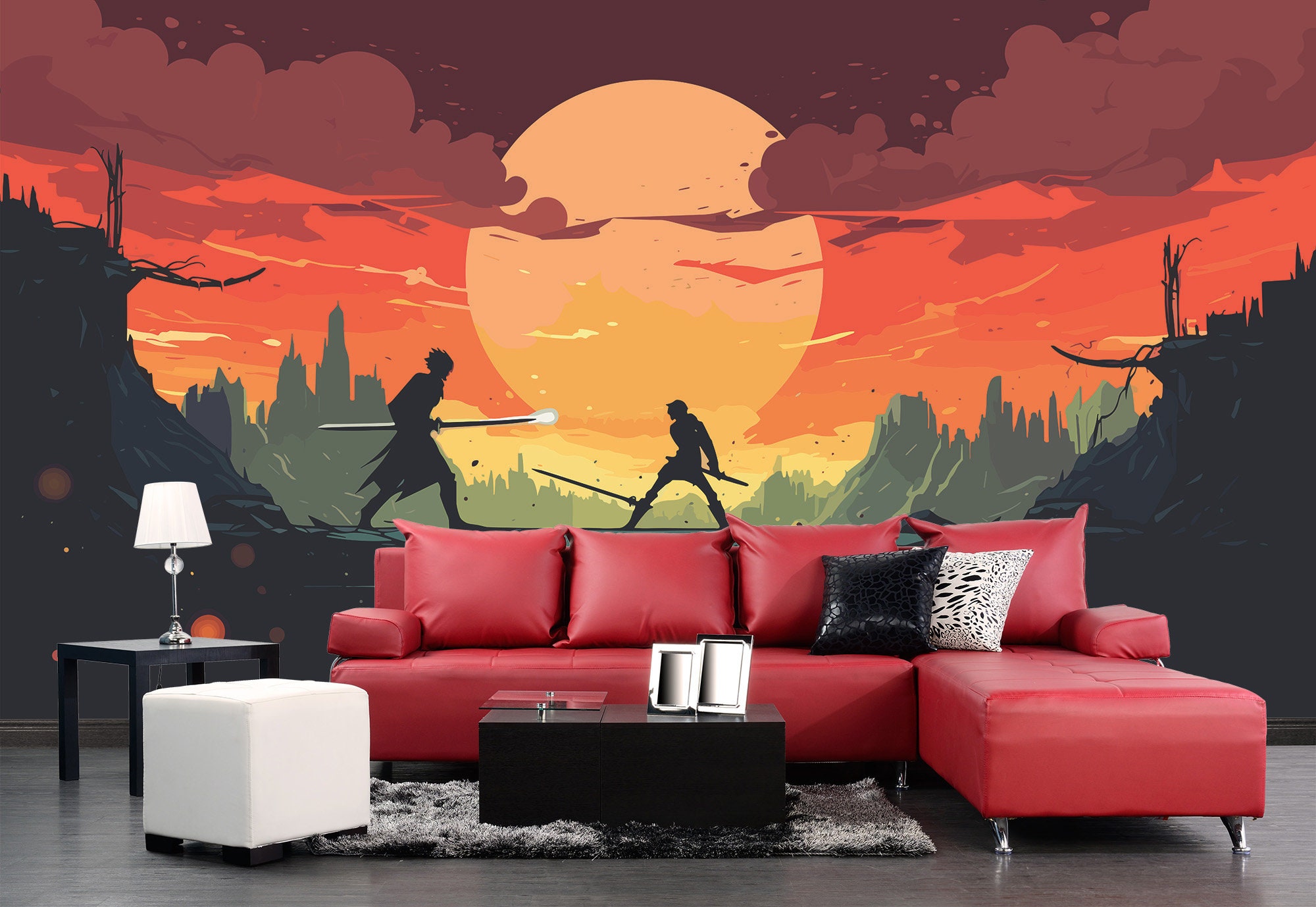 Samurai Duel at Dawn Wallpaper Mural | Anime Battle Wall Decor