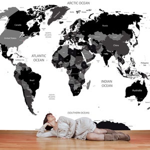 黒と白の世界地図壁紙 / Zwart En Wit Wereldkaart Behang / Schwarz-Weiß-Weltkarte Tapete / Carte Du Monde Papier Peint / ポスター