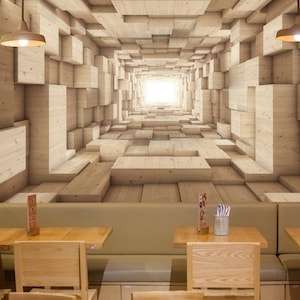 3D Wooden Blocks Wallpaper Mural, Abstract Tunnel Perspective Poster for Cafe, Office, Living Room