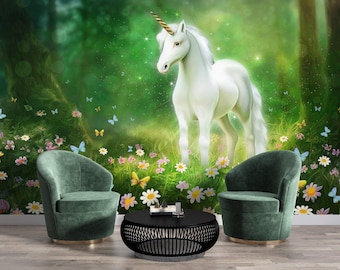 Unicorn Forest Wallpaper Mural, Magical Fantasy Kids Wall Decor, for Kids Room, Nursery, Playroom