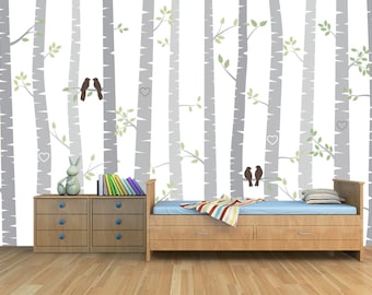 Kids Room Forest Wallpaper Mural / Baby Room Trees Wallpaper / Trees and Birds Poster / Baby Sleeping Room Mural / Kids Room Wallpaper