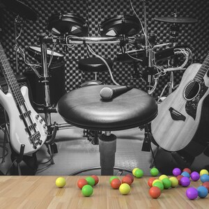 Music Wall Mural Poster, Black and White Instruments, Poster for Studio, Bar, Game Room