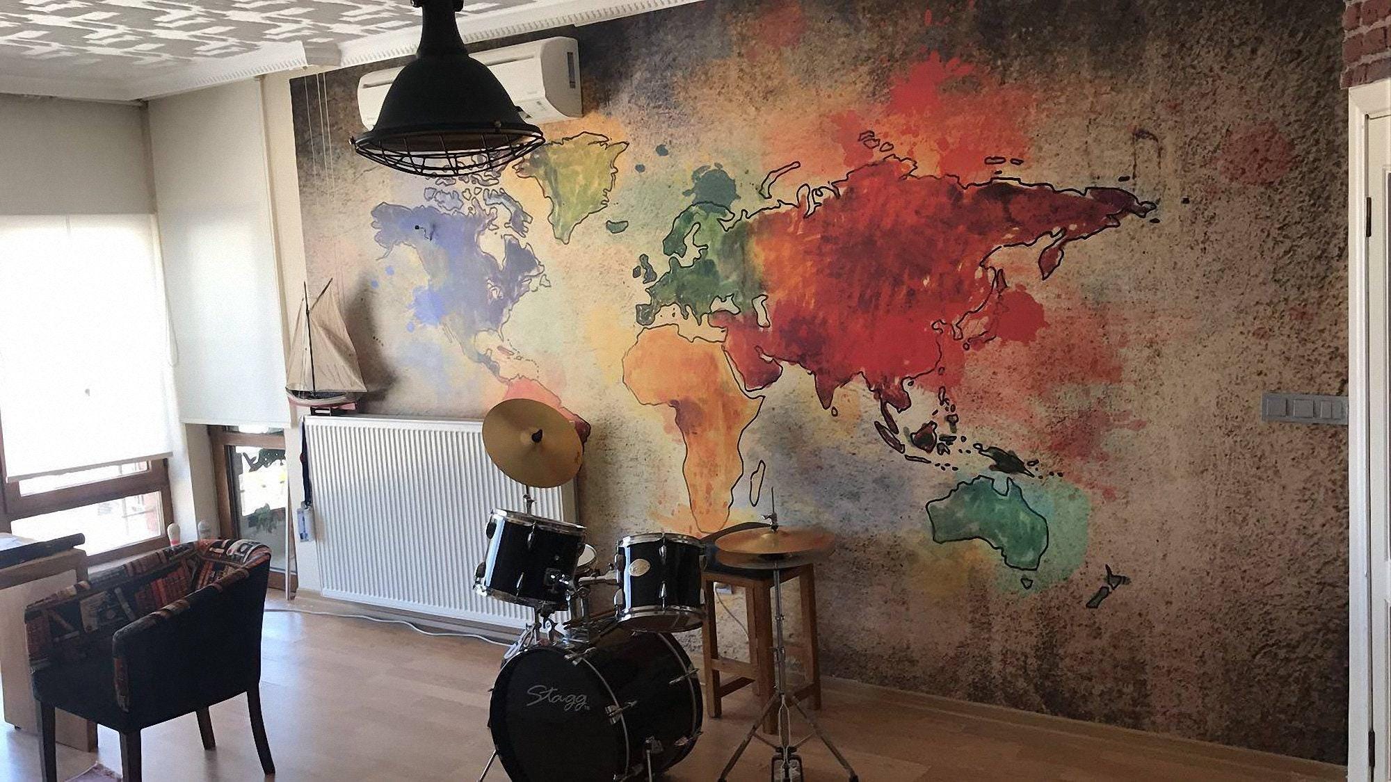 Colorful Watercolor World Map Wallpaper Mural Artistic Wall Decor for ...