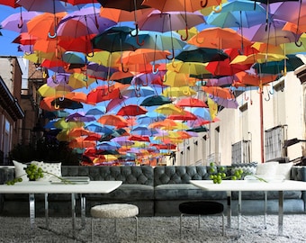 Colorful Umbrella Street Wallpaper, Rainy City Photo Wall Decor, for Living Room, Cafe, Bar