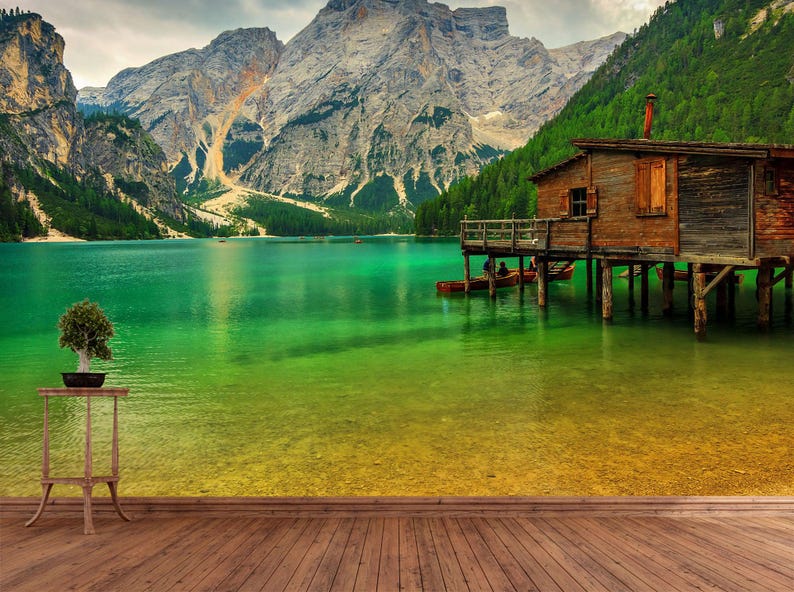 Mountain Lake House Wallpaper, Scenic Nature Landscape Mural for Living ...