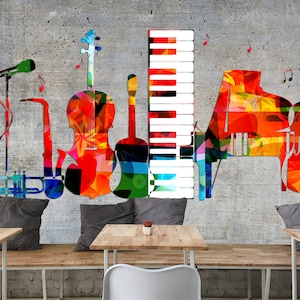 Instrumentos de música colorida Mural / Música con fondo de pantalla de arte / Cartel de música / Mural de decoración musical / Fondo de pantalla de diseño especial