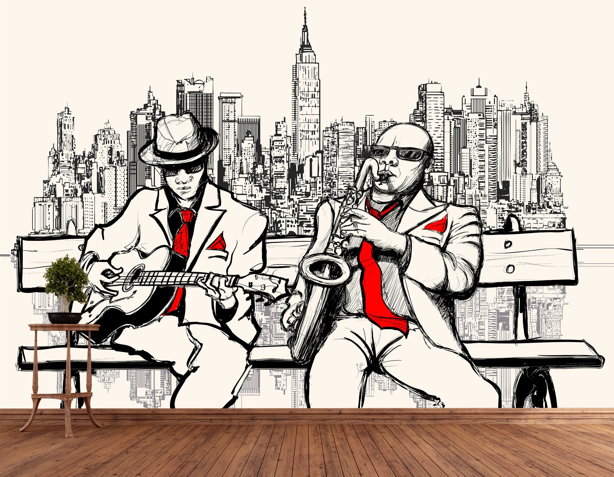 ジャズミュージシャンの壁紙壁画、街のストリートスケッチアート