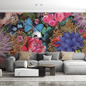Papel pintado Melli Mello Kevena: flores vintage, mural ornamental para sala de estar o dormitorio