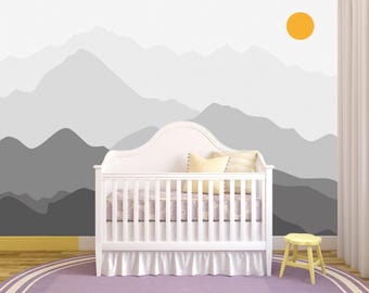 Minimalist Mountain Wallpaper Mural, Scandinavian Kids Room Wall Decor, for Nursery, Playroom, Bedroom