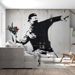 Banksy Wallpaper Mural: Flower Thrower Graffiti Art Print Decor, for Living Room, Office, Studio