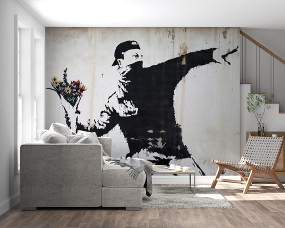 Banksy Wallpaper Mural: Flower Thrower Graffiti Art Print Decor